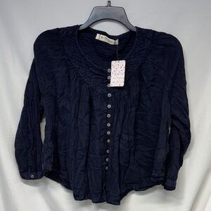 Free People navy  Blue long sleeve button front Blouse shirt xs